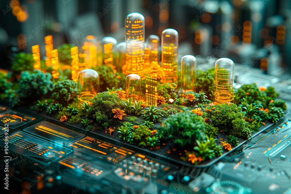 Poster digital interface with predictive models. interactive maps and simulation tools of various biomes, s
