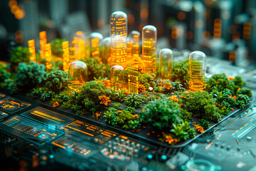 Digital interface with predictive models. interactive maps and simulation tools of various biomes, secure genetic material storage facility and is surrounded by lush restored ecosystems.