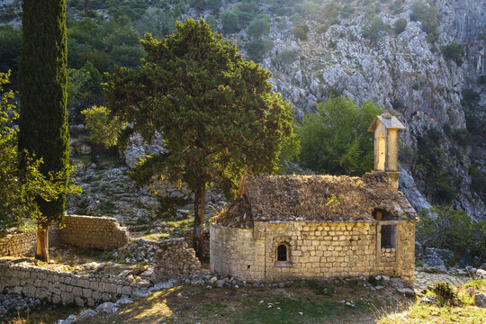 Church ruin Sveti Dorde in Spiljari, near fortress of Kotor, Montenegro, Europe