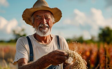 Fototapeta premium Elderly farmer smiling while pouring grain in a sunny field, showcasing rural life and agriculture
