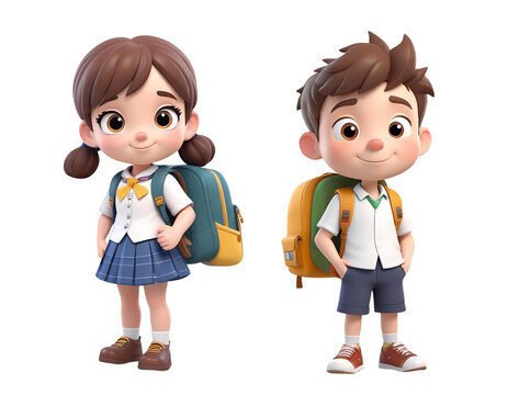 3d rendering boy and girl cartoon characters with school bag isolated on transparent background, PNG file 