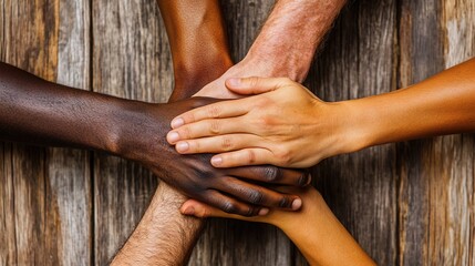 Unity and Diversity Multiracial Hands Holding Each Other Wooden Background