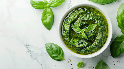 Obraz premium Pesto in bowl on light marble table , with empty copy Space 