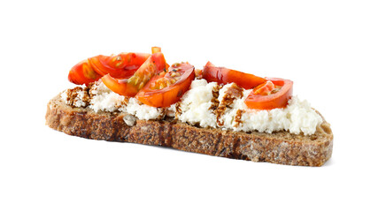 Delicious ricotta bruschetta with tomatoes and sauce isolated on white