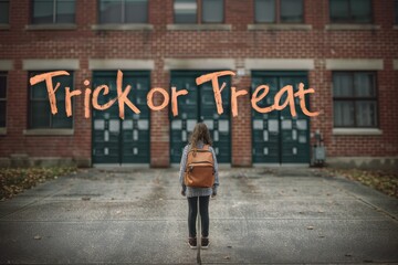 Spooky School Collage: Photos of a haunted school with ghost students, lockers, and classrooms. The text "Trick or Treat" in a chalkboard-style font. 