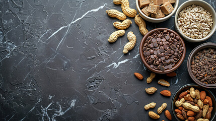 Sesame seeds, sunflower and peanuts in caramel, dark marble table, with empty copy space 