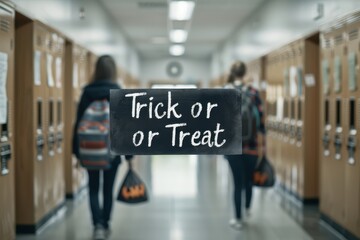 Spooky School Collage: Photos of a haunted school with ghost students, lockers, and classrooms. The text "Trick or Treat" in a chalkboard-style font. 