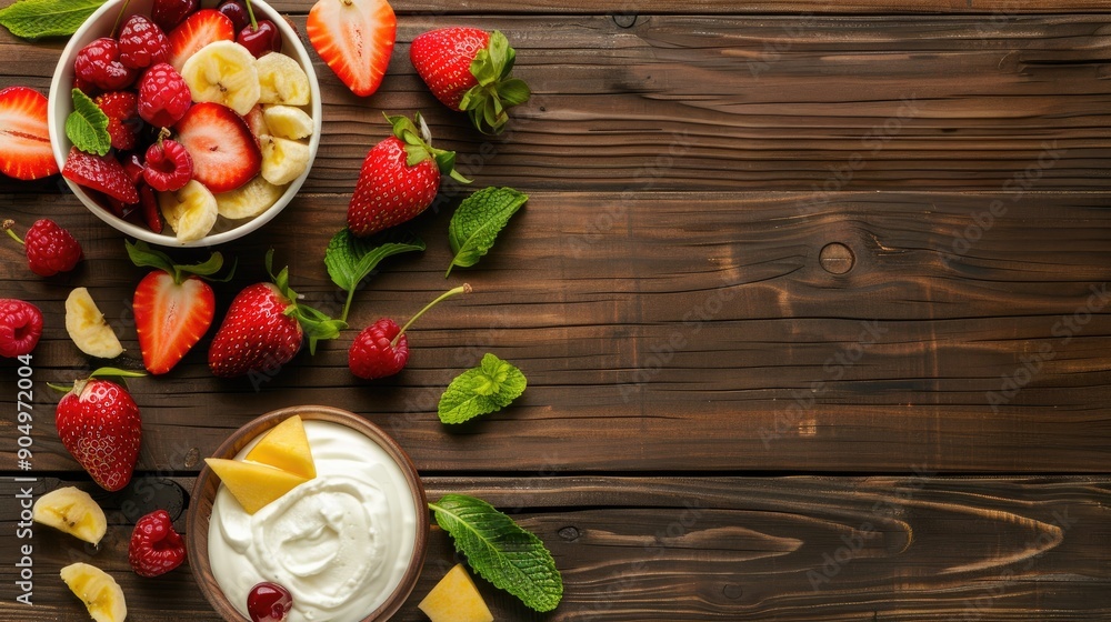 Aufkleber top down view of wooden table with fresh fruit and yogurt topping and empty space for text