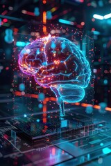 Obraz premium Futuristic Digital Brain Hologram with Neon Lights and Data Streams in a High-Tech Environment