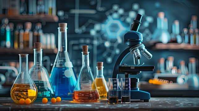 Science lab with beakers, microscopes, and experiment setups