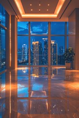 Luxurious Modern Interior with Panoramic City Skyline View at Night Through Large Glass Windows