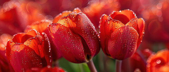 Many red tulips, bright colors, with a few dew drops on the flowers. The background is in a vast garden. macro photography