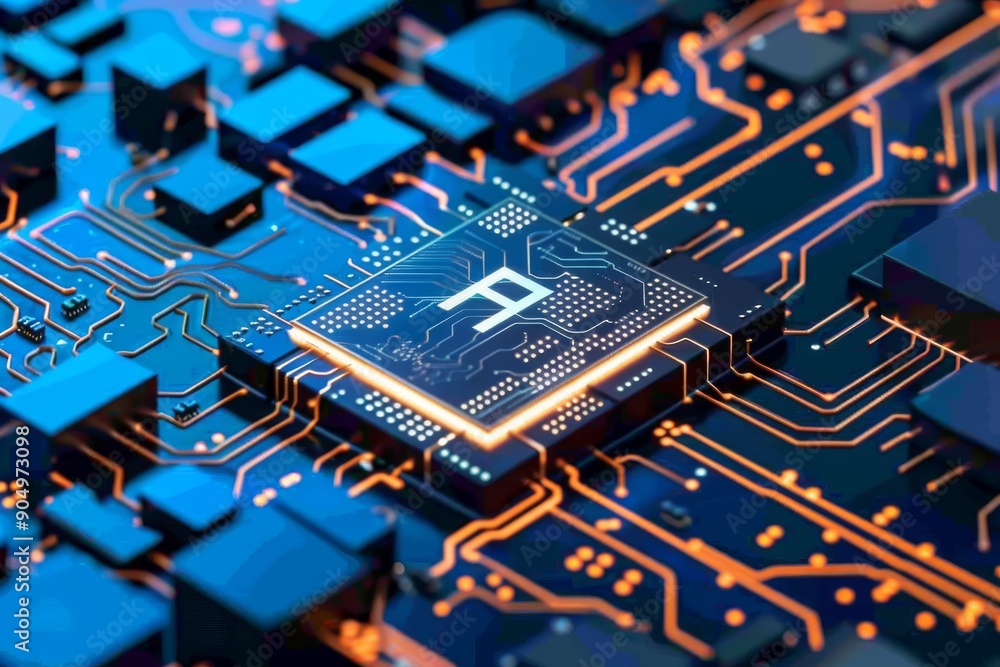 Aufkleber high-tech blue circuit board with a central ai chip, emphasizing precision and innovation in technol