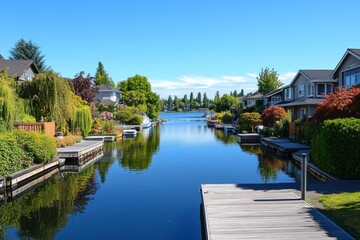 Obraz premium Serene Canal View with Homes and Docks