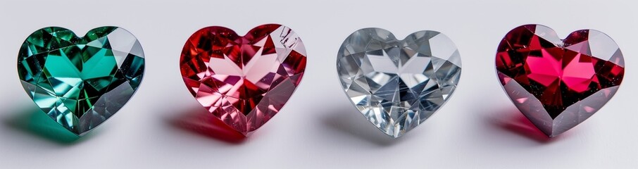 A set of four heart-shaped gemstones in different colors are arranged on a white background.