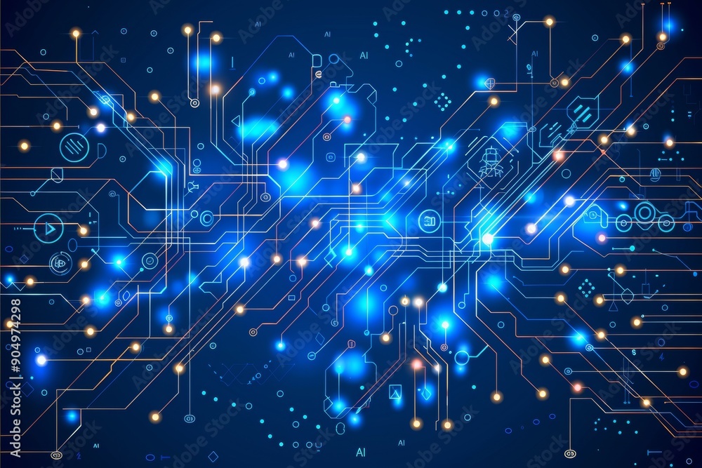 Poster complex blue network illustrating connections and data flow in a digital communication infrastructur