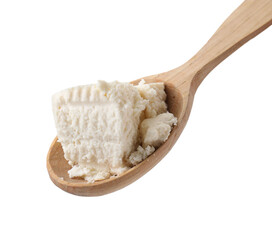 Tasty ricotta (cream cheese) in spoon isolated on white