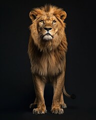 Portrait of a male lion on a black background. Studio shooting.