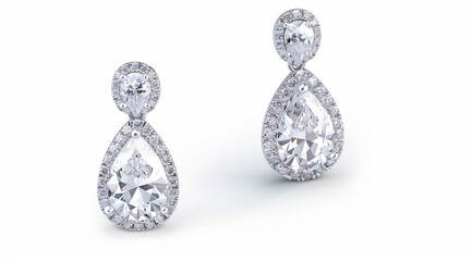 3d rendering of white gold diamond earrings with pear shaped diamonds on each side.