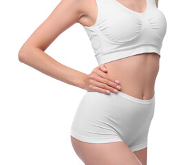 Diet and weight loss concept. Woman with slim body against white background, closeup