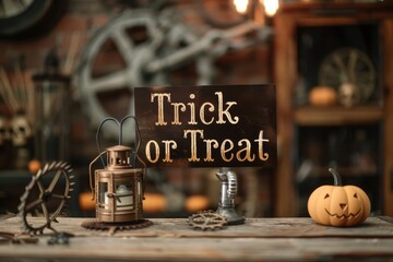 Steampunk Halloween Collage: Photos of steampunk costumes, gears, and Victorian-inspired Halloween scenes. The text "Trick or Treat" in a steampunk-style font.