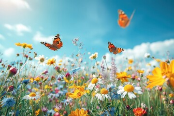 A colorful spring meadow filled with wildflowers and butterflies.