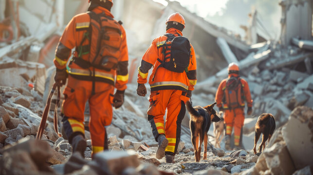 Squadra di soccorritori alla ricerca di sopravvissuti tra le macerie di un terremoto, con cani da ricerca e attrezzature di emergenza