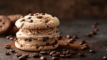 Fototapeta premium Coffee Ice Cream Sandwich Place a coffee ice cream sandwich with espresso-infused cookies on a dark, matte background, with empty copy space