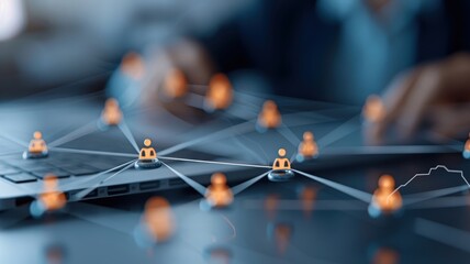 A photorealistic illustration of a corporate network with businesspeople icons as holographic projections.