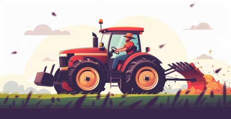 Obraz premium Flat illustration of a farmer driving a red tractor in a farmland setting