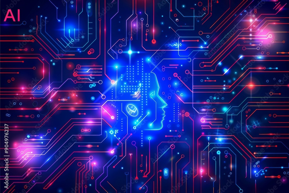 Poster vivid blue ai circuits intertwined in a complex network, representing cutting-edge digital communica