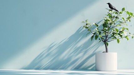 Minimalist Halloween podium with a black crow on a stark white surface.