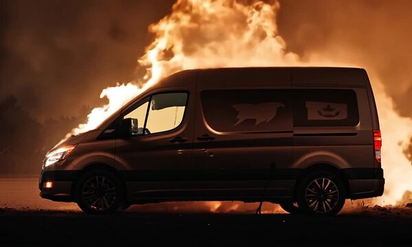 A burning van is engulfed in flames and smoke, presenting a dramatic scene of a vehicle fire. Intense flames rise upwards, while black smoke billows into the air, creating a dark atmosphere.