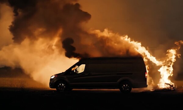 A burning van is engulfed in flames and smoke, presenting a dramatic scene of a vehicle fire. Intense flames rise upwards, while black smoke billows into the air, creating a dark atmosphere.