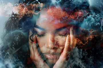 Obraz premium Diversi sintomi dell'ansia. Sudorazione, battito cardiaco accelerato, mani tremanti.