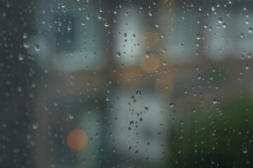 View on buildings through window with water droplets on rainy day, closeup