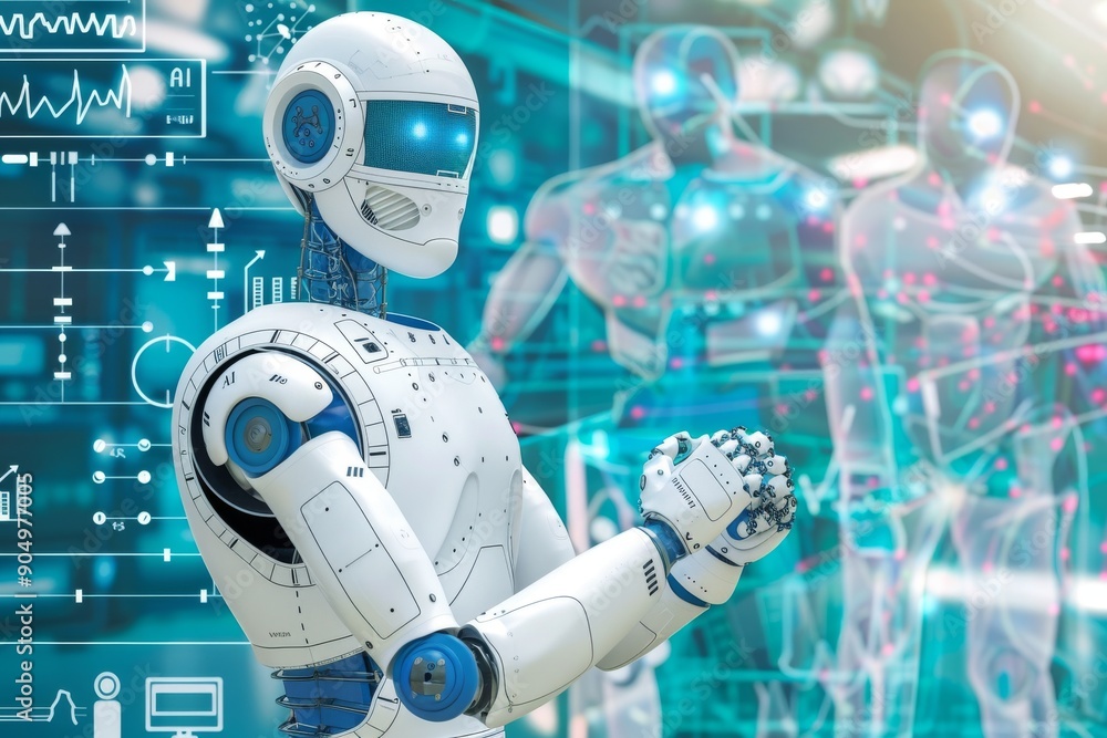 Aufkleber white robot handling chemical flasks in a laboratory, depicting robotics and ai in scientific resear