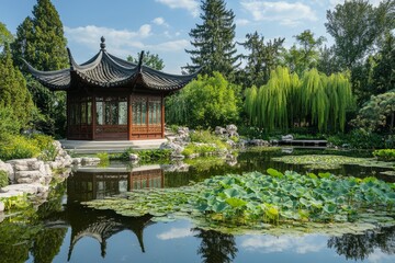 Naklejka premium Traditional Chinese Pavilion Reflecting in a Serene Pond