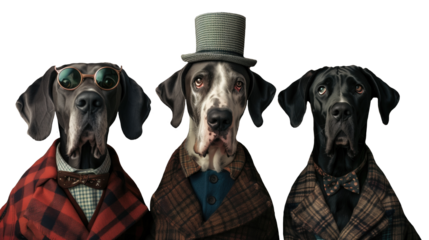 Group of isolated dogs in the image of English gentlemen on transparent background. Separate objects Three magnificent dogs in suits, with hat and glasses.