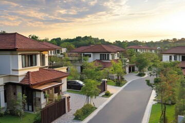 Suburban Houses with Red Roofs and a Winding Road