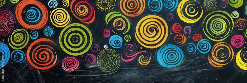 Poster a chalkboard filled with vibrant spirals and abstract shapes showcases creativity and artistic expre