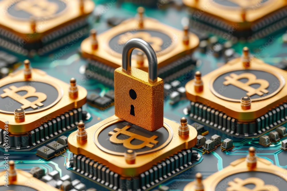 Poster security padlocks on computer chips, symbolizing strong cybersecurity measures in digital technology