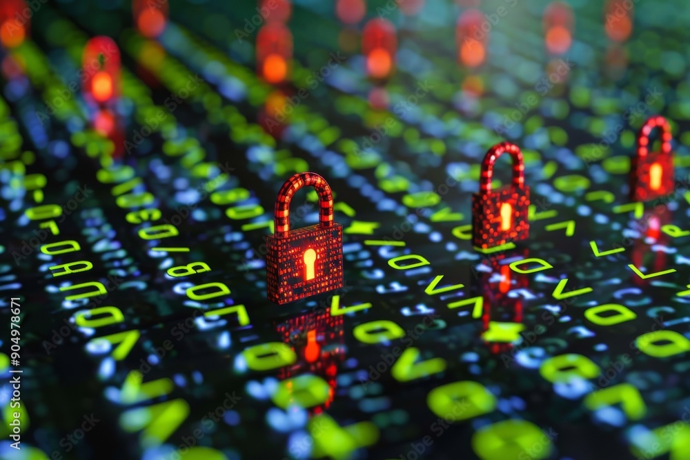 Poster vibrant circuit board with neon green locks, emphasizing enhanced security features in digital commu