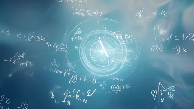 mathematical formulas and geometric figures on the background. Concept: science, education and algebra