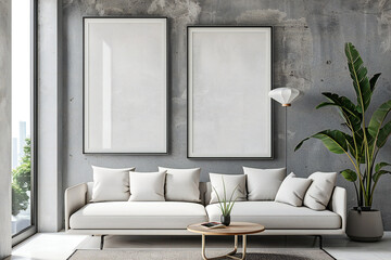 Minimalist living room with beige sofa, modern interior design, and wall art