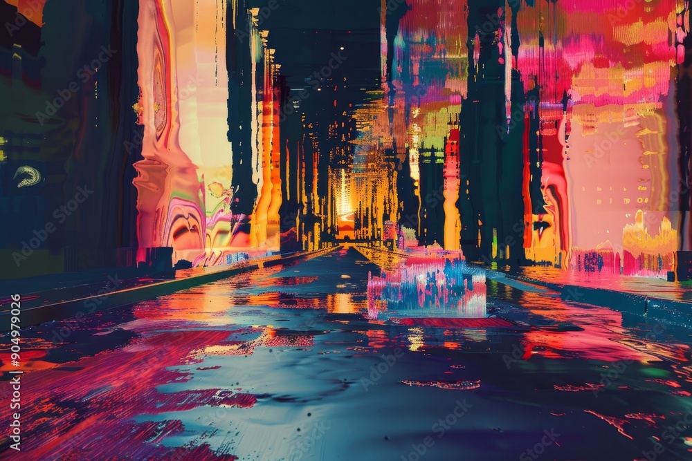 Sticker Distorted patterns in an abstract painting depict a busy city street with buildings and pedestrians, Glitchy patterns distorting reality