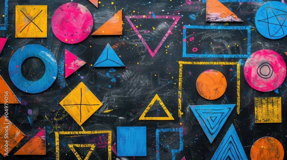 Poster a vibrant blackboard showcases an array of colorful geometric shapes and patterns used for an engagi