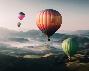 Obraz premium Colorful hot air balloons floating over a misty