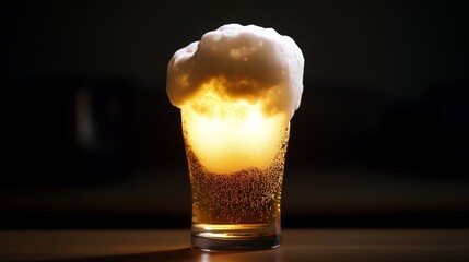 A beautifully illuminated glass of beer with a thick, white foam head.