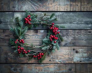 Minimalist christmas wreath with vibrant red berries on a charming rustic wooden background